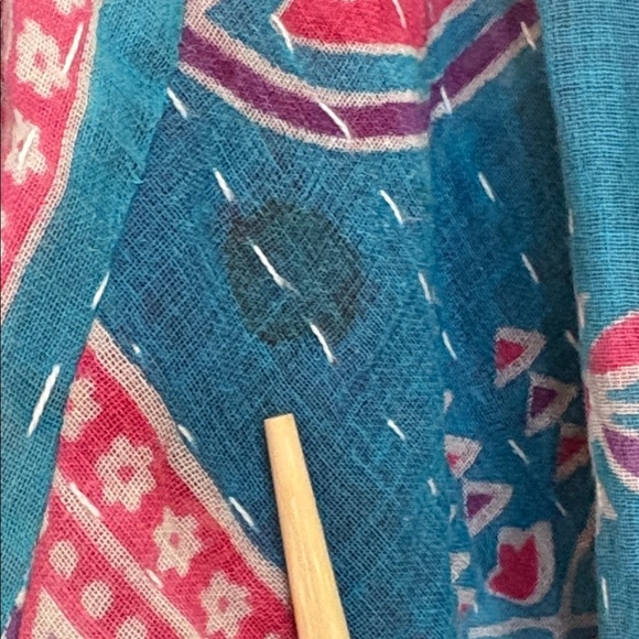 Handmade India Kantha Stitch Cotton Floral Contrast Tie Pockets Duster Cardigan - Picture 11 of 17